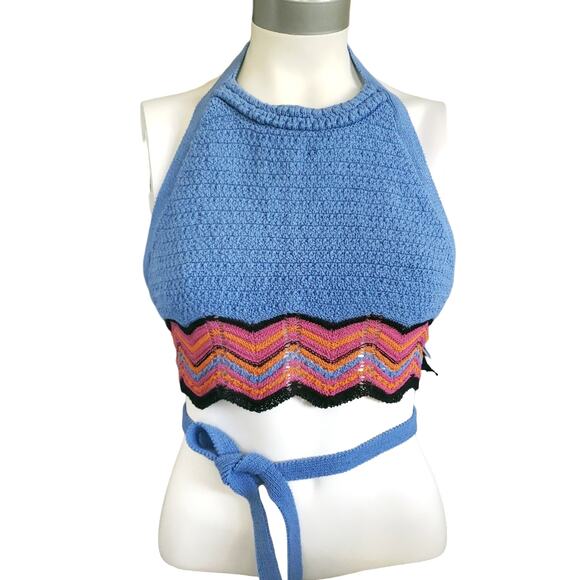 Zara Tops - ZARA crochet knit halter blue boho open back crop top Special Edition Size M